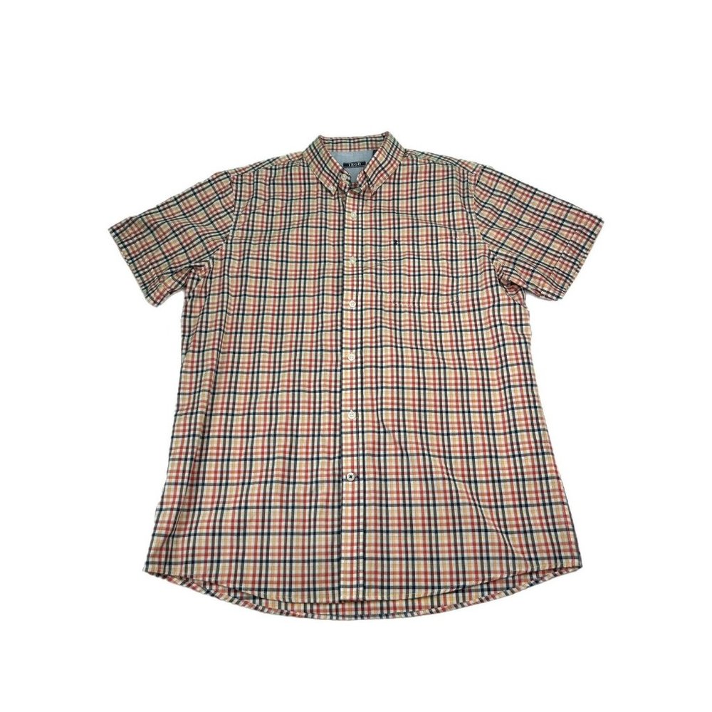 Izod Shirt Mens Large Button Up Plaid Orange Red Blue Short Sleeve Pocket